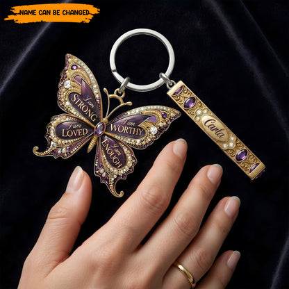 I Am Strong - Personalized Butterfly Keychain With Charms