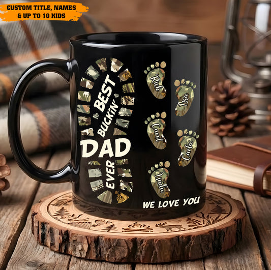 Best Buckin’ Dad Ever – Personalized Family Footprint Black Mug