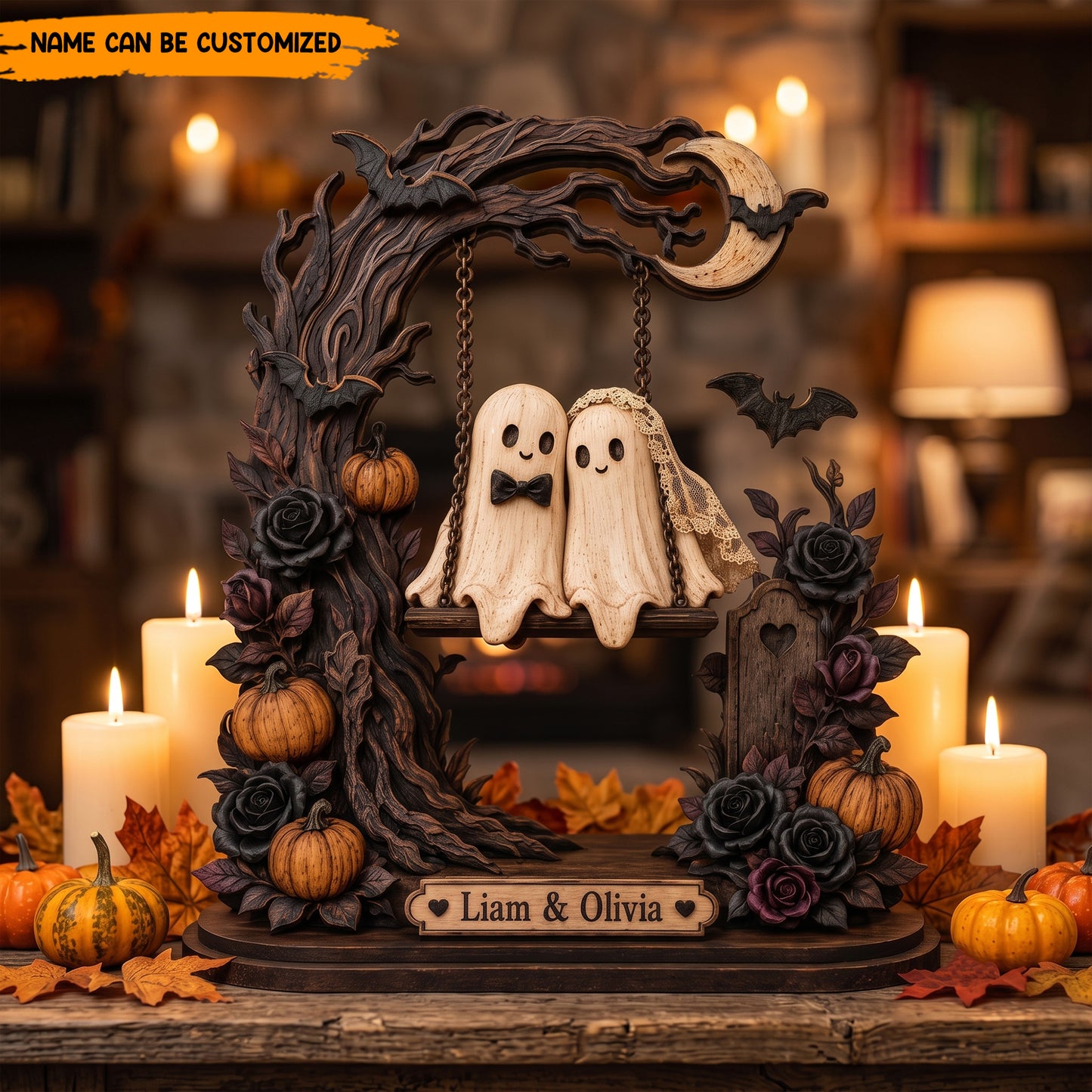 Personalized Halloween Ghost Couple Swing Wooden Block - Custom Name Romantic Halloween Keepsake Gift
