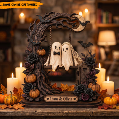 Personalized Halloween Ghost Couple Swing Wooden Block - Custom Name Romantic Halloween Keepsake Gift