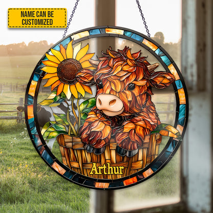 Personalized Highland Cow With Sunflower Stained Glass Suncatcher