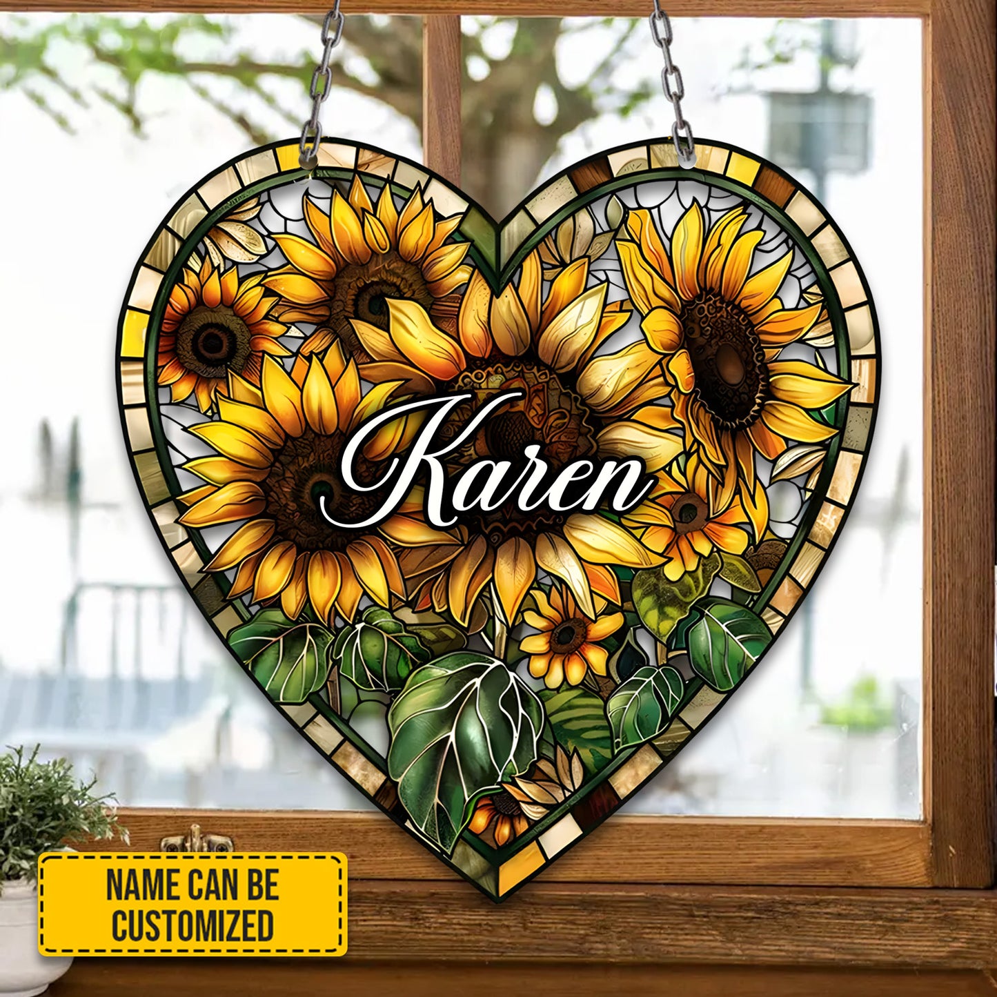 Personalized Sunflowers Heart - Shaped Window Hanging Acrylic