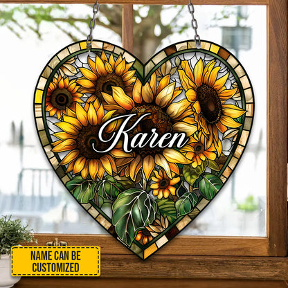 Personalized Sunflowers Heart - Shaped Window Hanging Acrylic