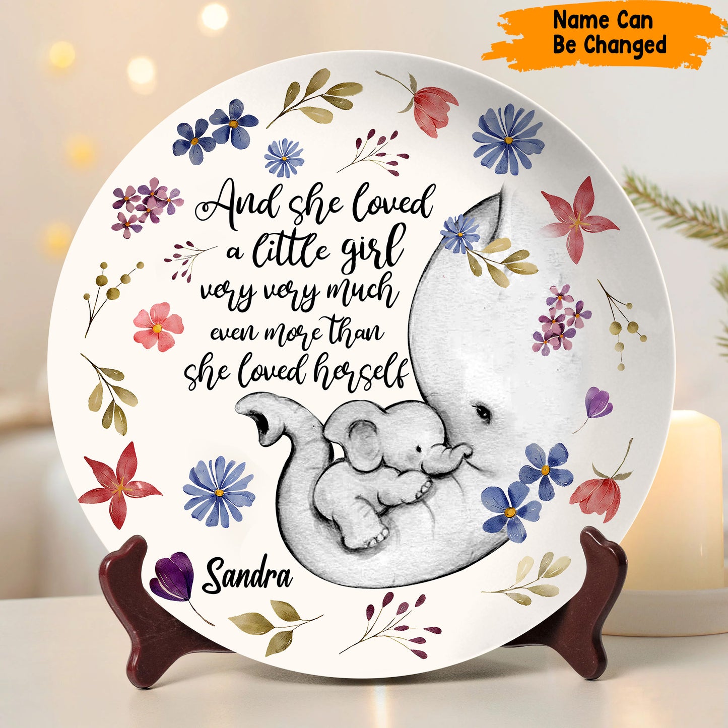 And She Loved - Personalized Mother Elephant Ceramic Round Plate