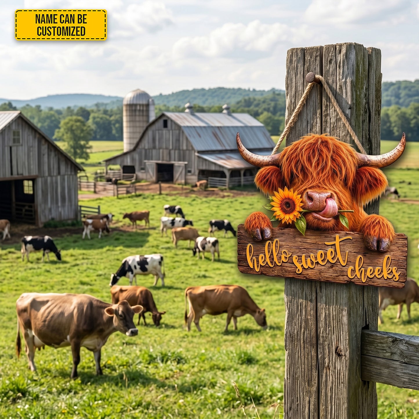 Hello Sweet Checks - Personalized Cow Wooden Sign