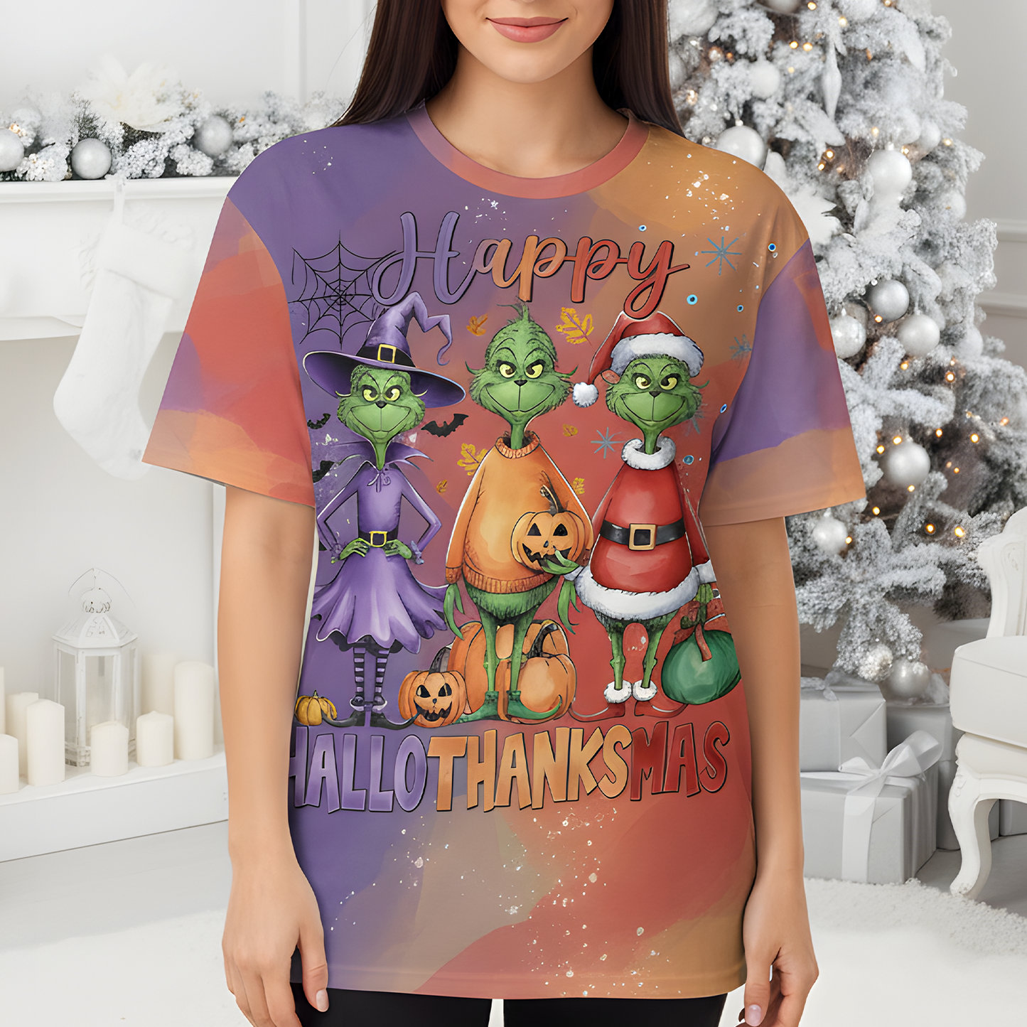 Happy HalloThanksMas All Over Print Shirt