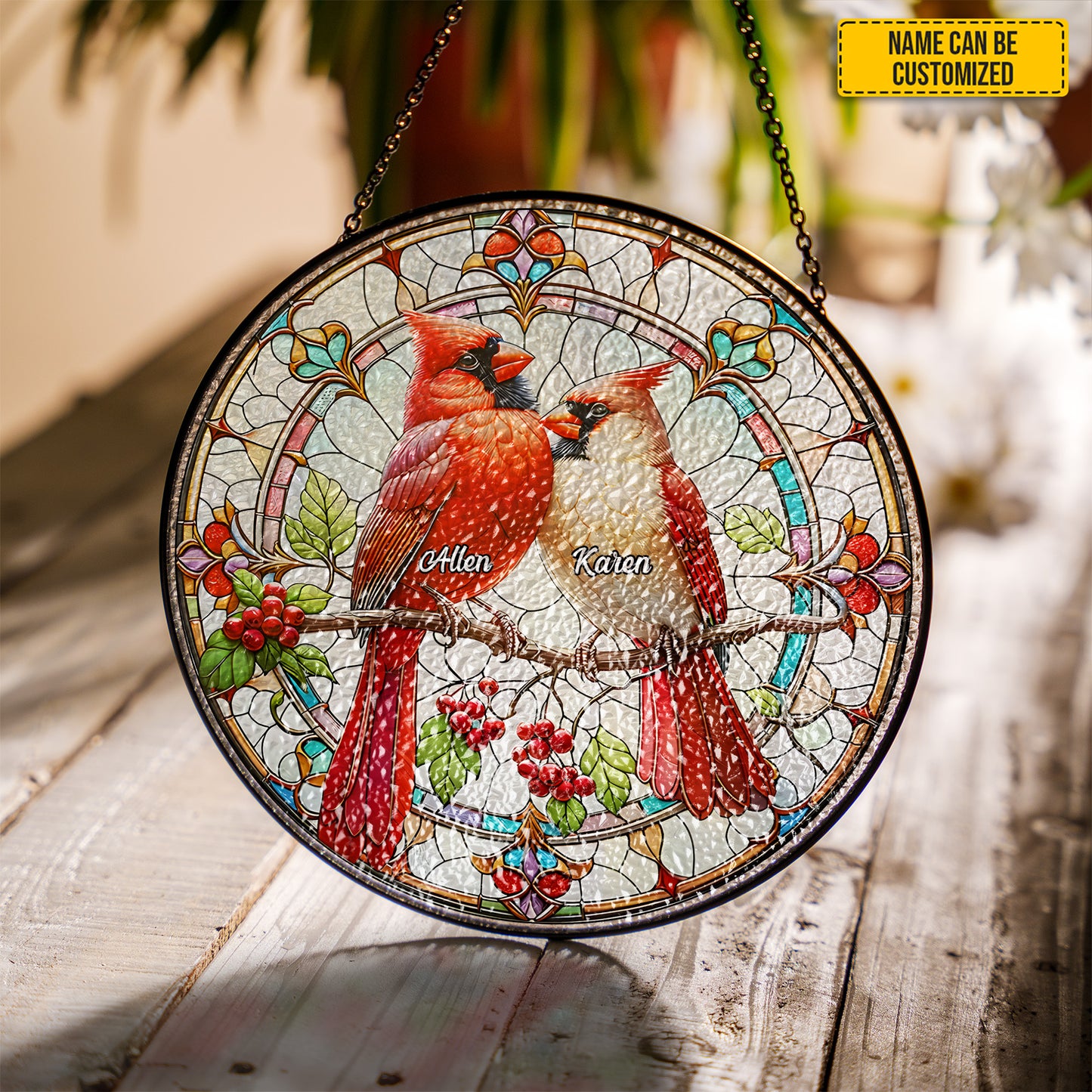 Personalized Cardinal Couple Stained Glass Suncatcher