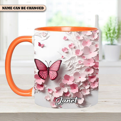 Pink Butterfly With Flowers - Personalized Butterfly Accent Mug
