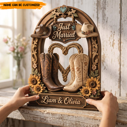 Personalized "Just Married" Country Wedding Wooden Sign - Cowboy Boot Wooden Block