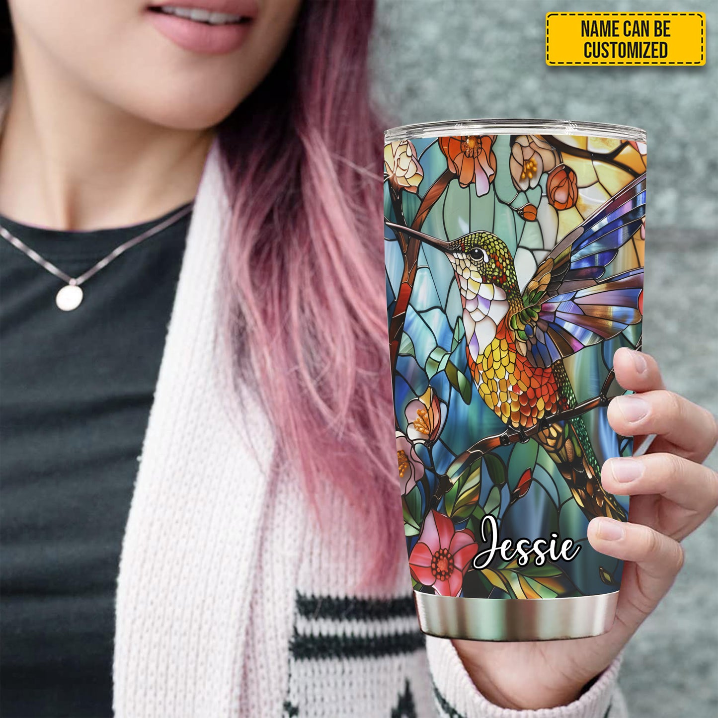 Personalized Stained Glass Hummingbird Flower Tumbler