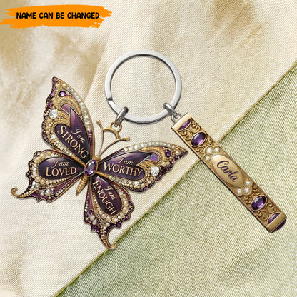 I Am Strong - Personalized Butterfly Keychain With Charms