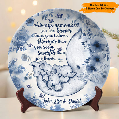 All Way Remember You Are Braver - Personalized Mother Elephant Ceramic Round Plate