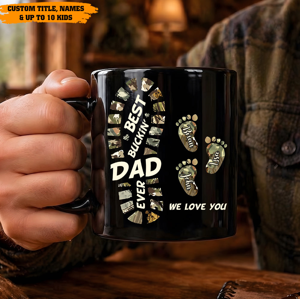 Best Buckin’ Dad Ever – Personalized Family Footprint Black Mug