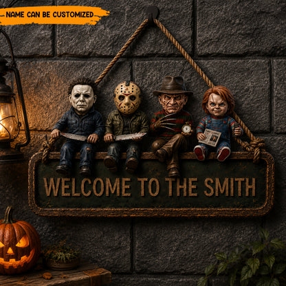 Personalized Horror Icons Welcome Wooden Sign
