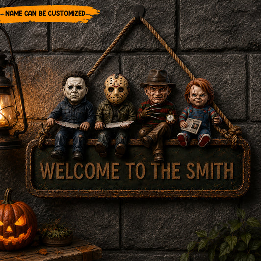 Personalized Horror Icons Welcome Wooden Sign