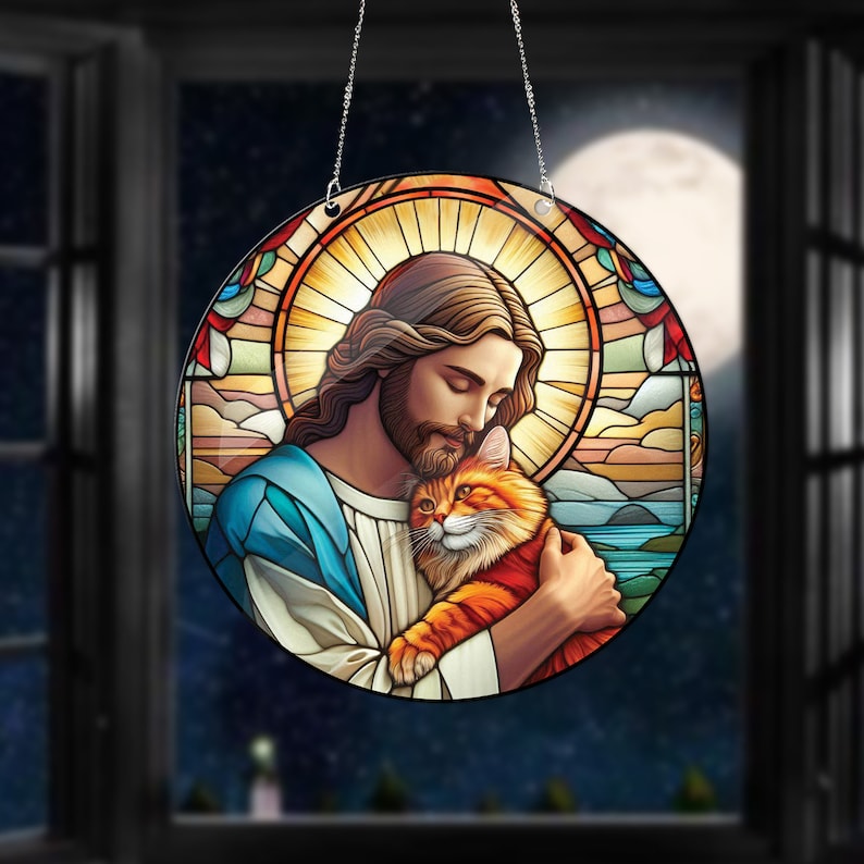 Jesus Hugging Orange Cat Acrylic Window Hanging