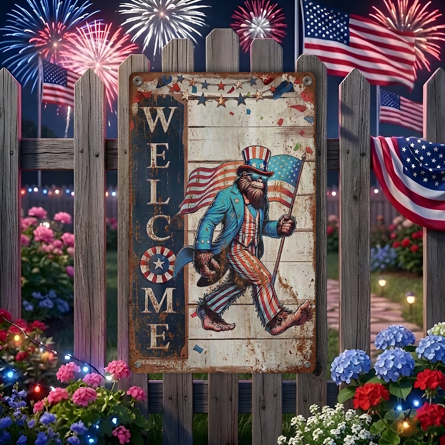 Bigfoot Patriotic USA Celebrating 250 Years of American Metal Sign