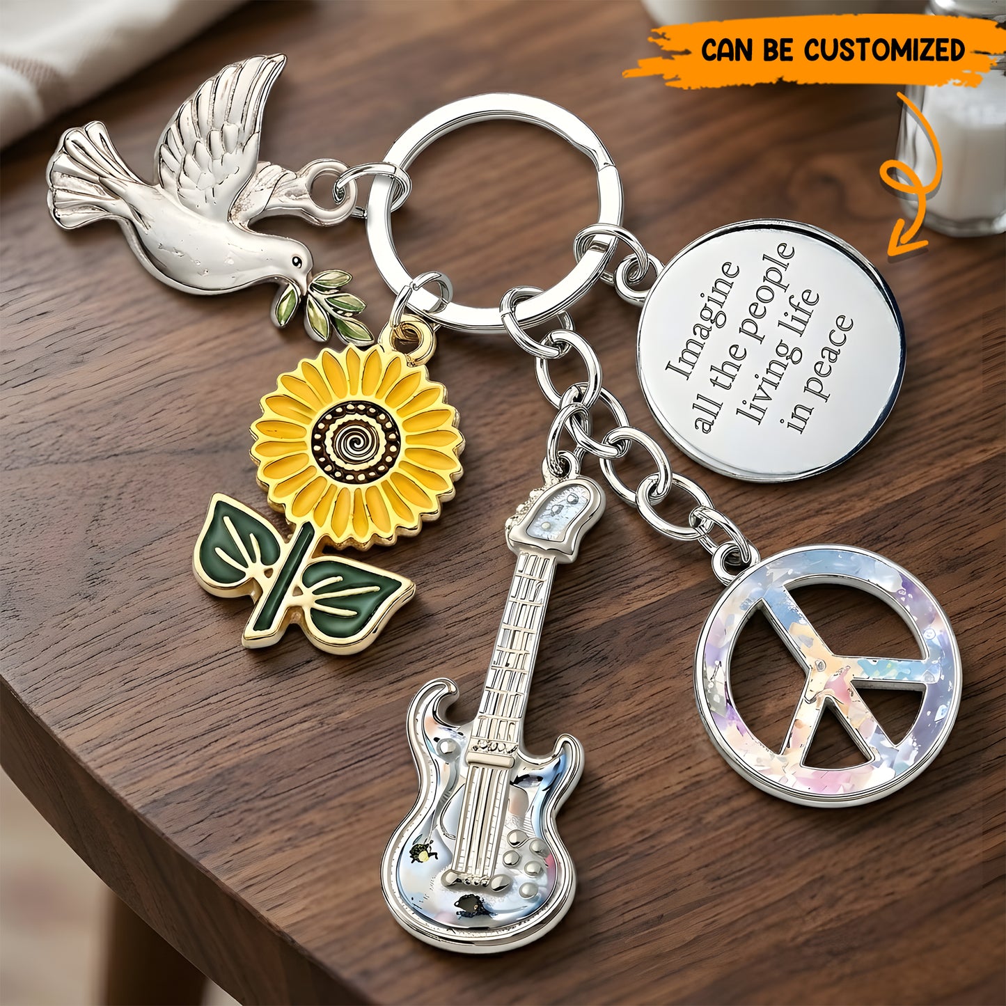 Imagine All The People Living Life In Peace - Hippie Keychain With Charms