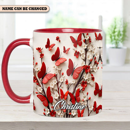 Red White Butterfly Flowers Accent Mug - Personalized  Accent Mug
