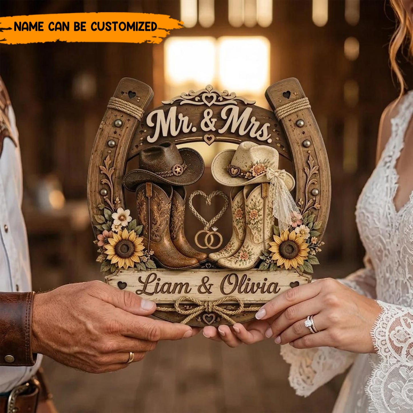 Personalized Cowboy & Cowgirl Wedding Wooden Sign, Custom Horseshoe Name Sign, Rustic Western Couples Gift