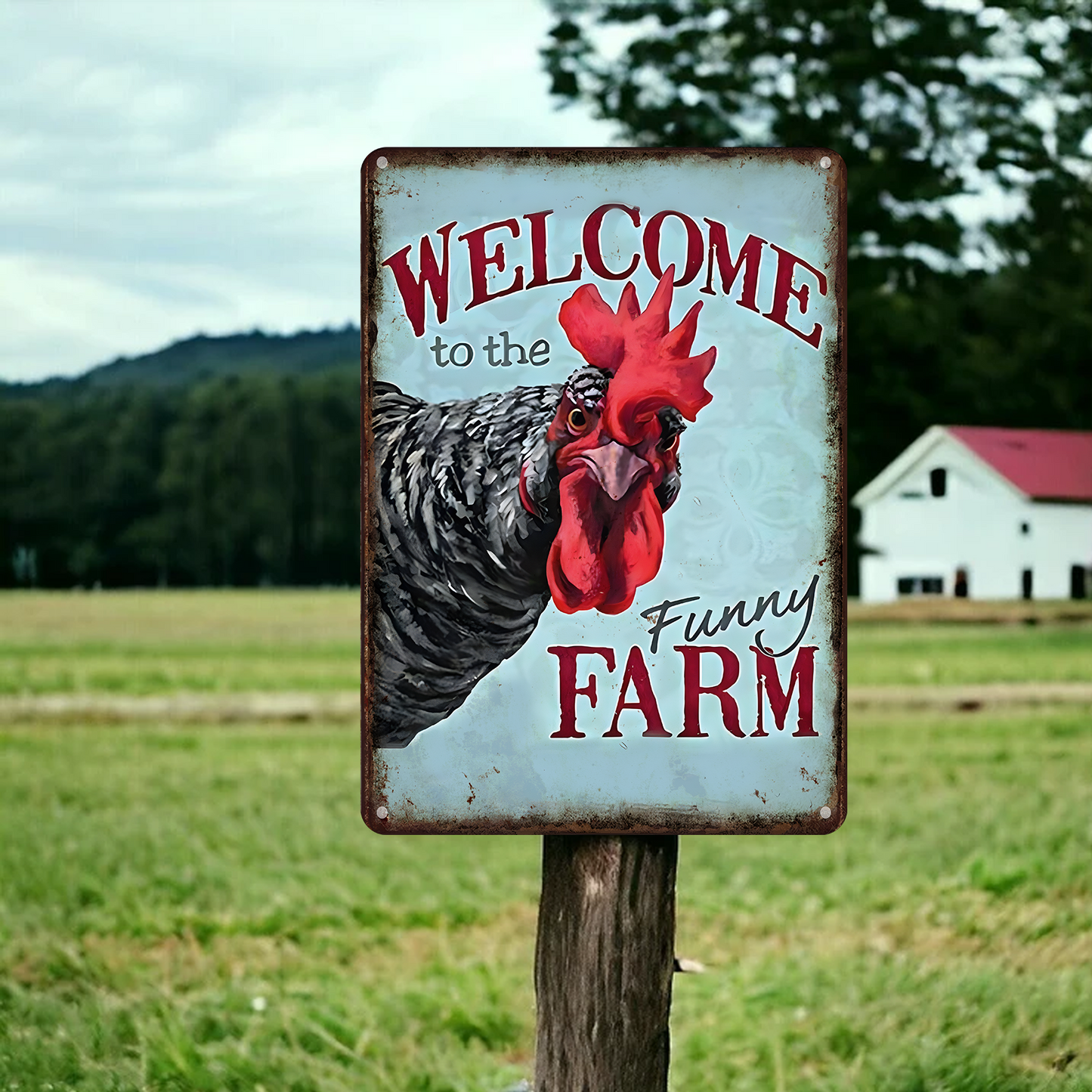 Welcome To The Funny Farm- Funny Chicken Metal Sign