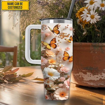 Flowers With Butterfly - Personalized Tumbler With Handle 40oz