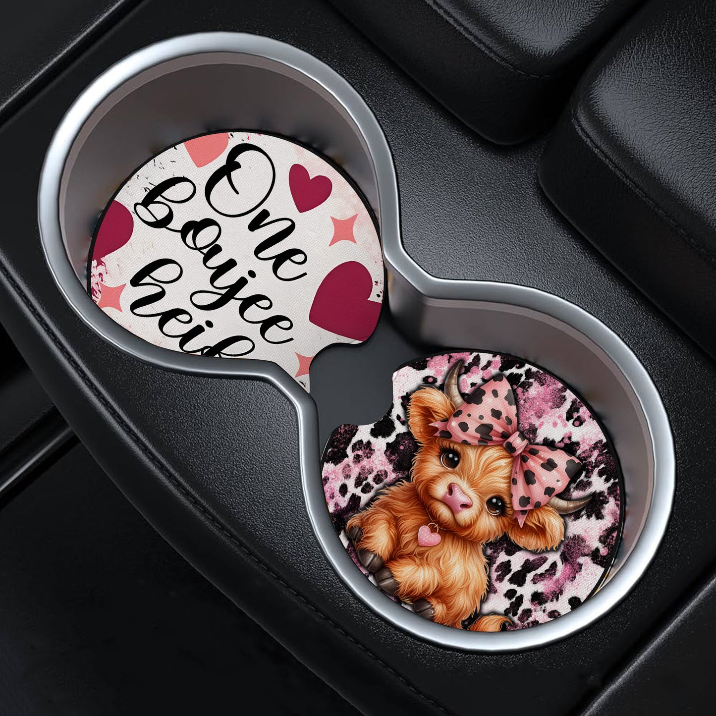 One Boujee Heifer Pink Highland Cow Car Coaster