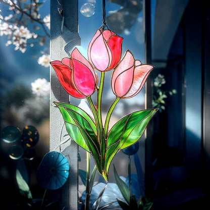Pink Tulip Bouquet Suncatcher - Faux Stained Glass Window Hanging