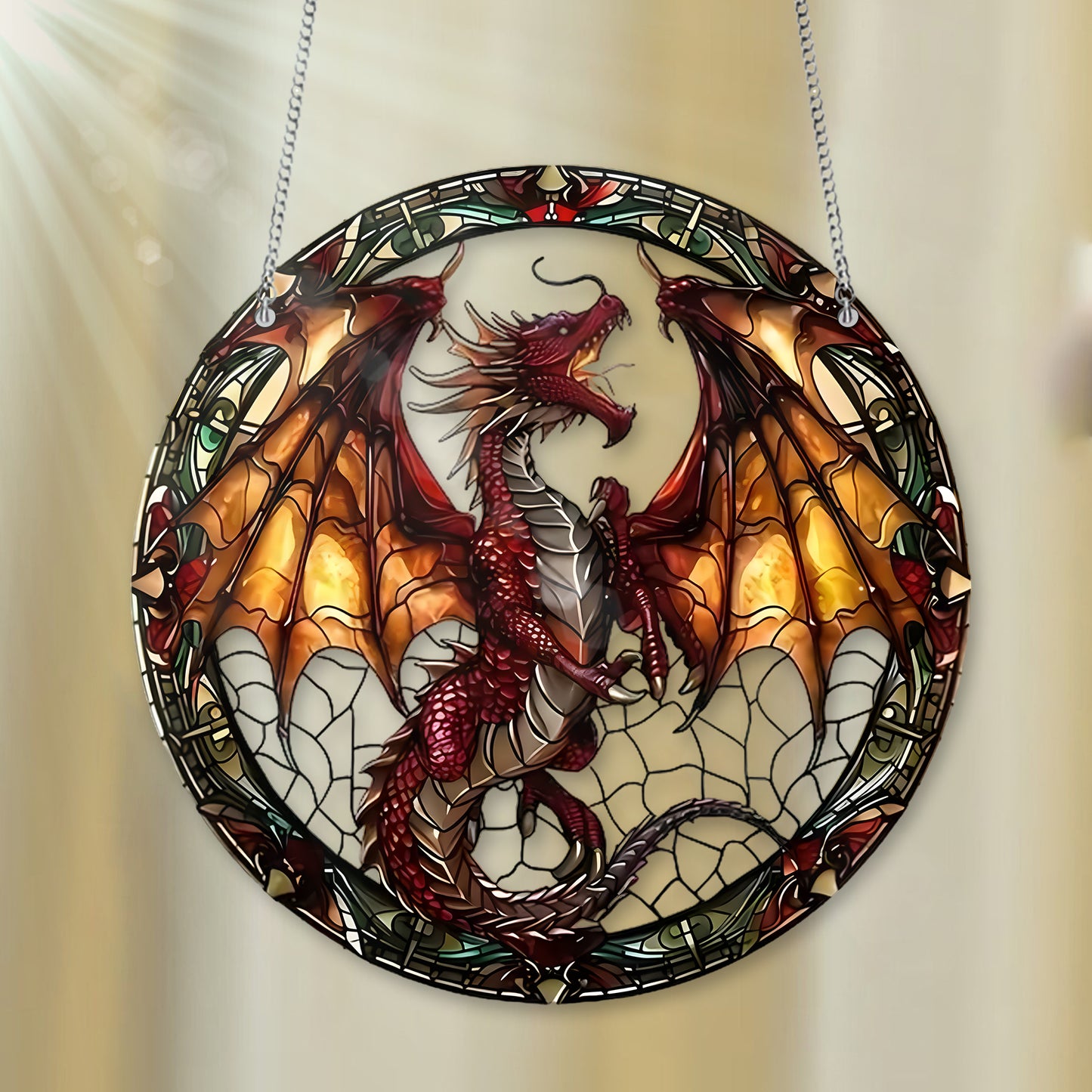 Fantasy Red Dragon Stained Glass Window Hanging