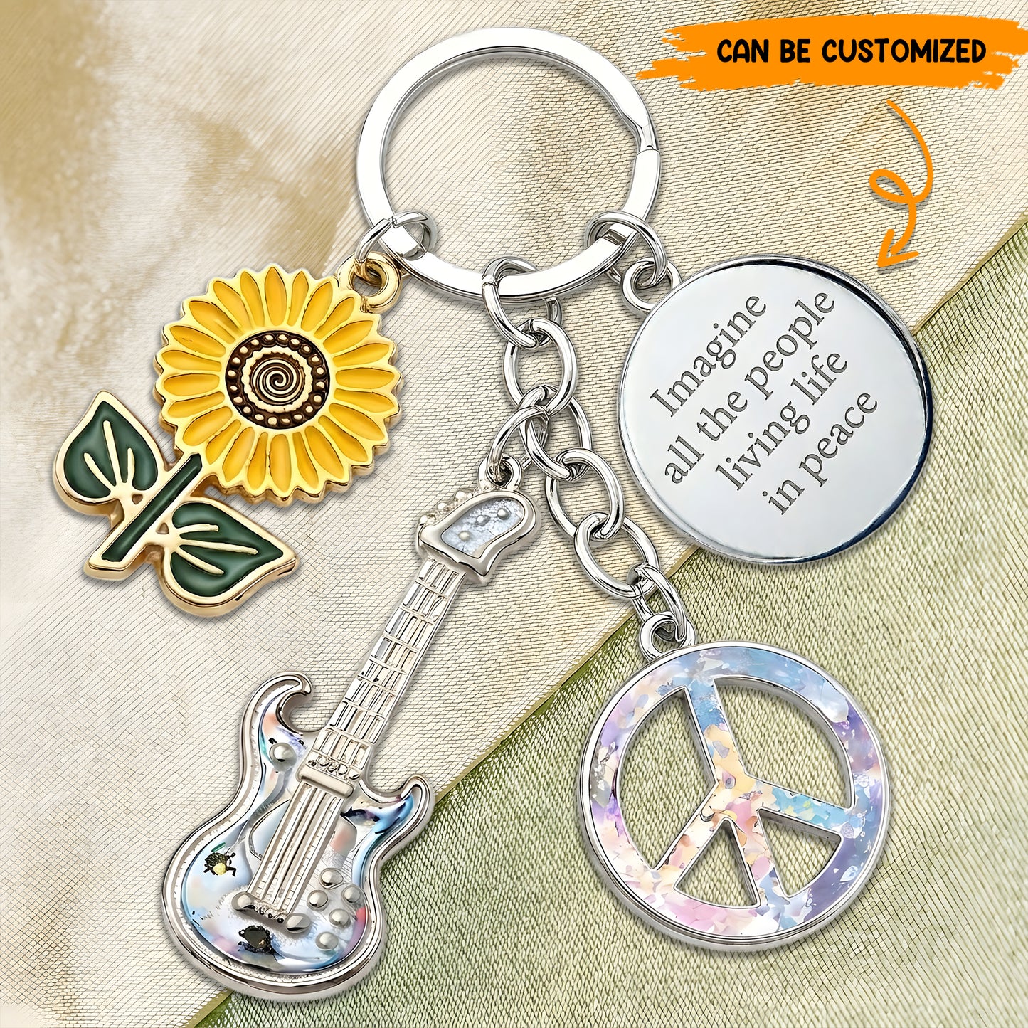 Imagine All The People Living Life In Peace - Hippie Keychain With Charms