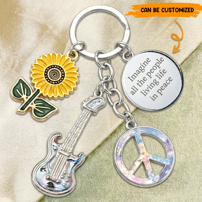 Imagine All The People Living Life In Peace - Hippie Keychain With Charms