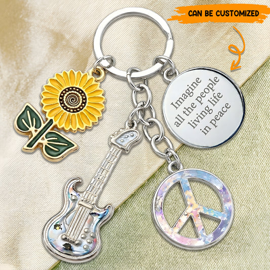 Imagine All The People Living Life In Peace - Hippie Keychain With Charms