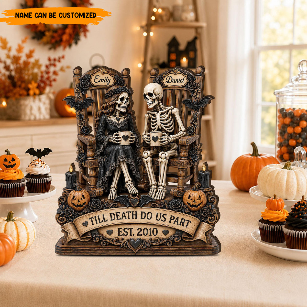 Personalized Skeleton Couple Wooden Block, Custom Gothic Wedding & Halloween Gift