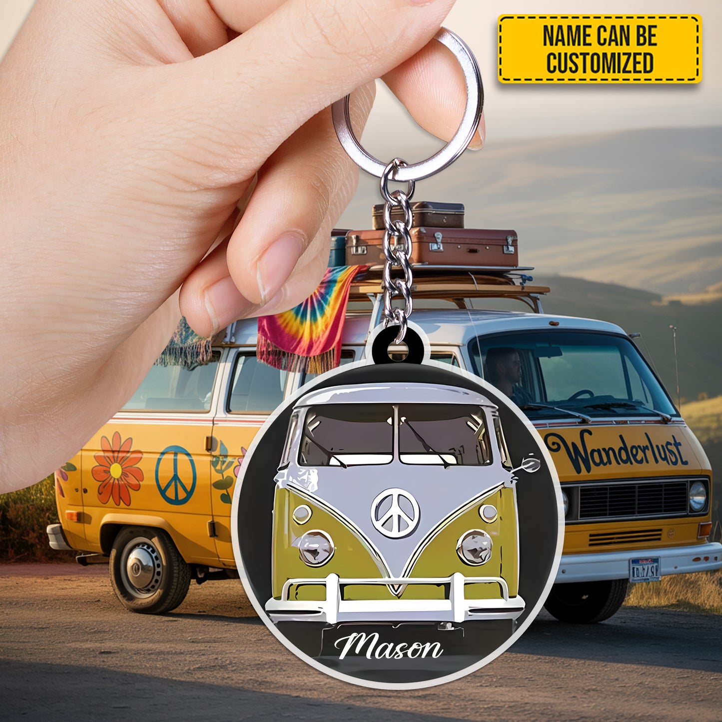 Personalized Retro Hippie Bus Keychain