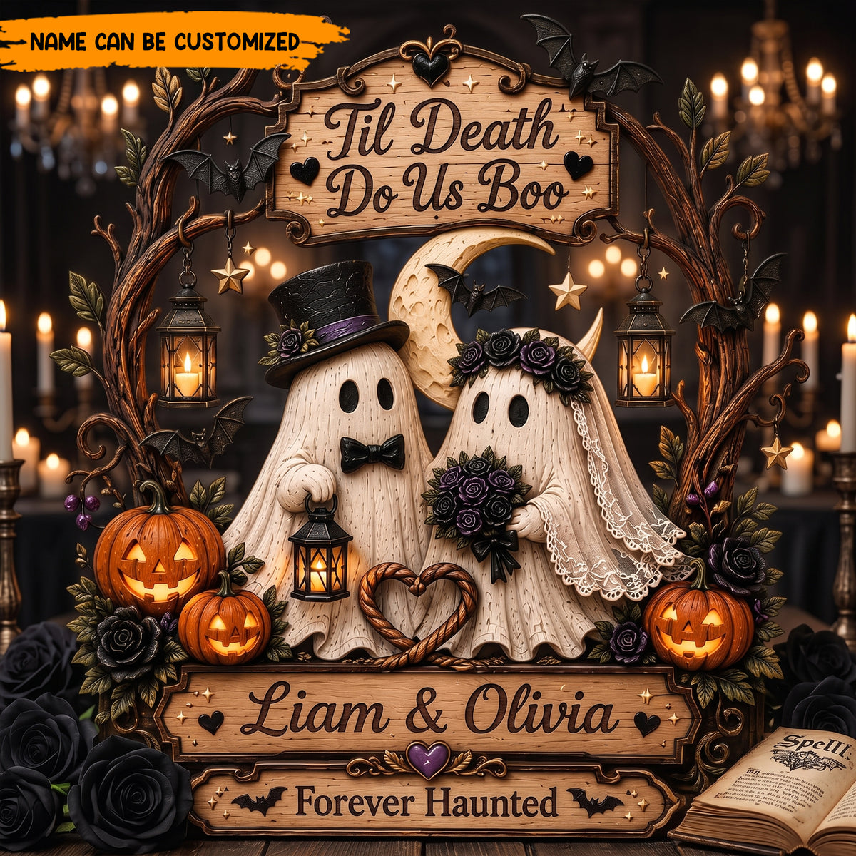 Til Death Do Us Boo Personalized Wooden Block Sign, Cute Ghost Couple Halloween Wedding Plaque