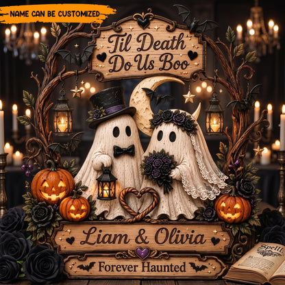 Til Death Do Us Boo Personalized Wooden Block Sign, Cute Ghost Couple Halloween Wedding Plaque