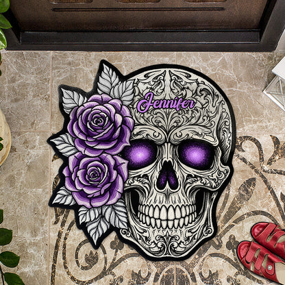 Skull And Roses - Personalized Skull Shaped Doormat/ Rug