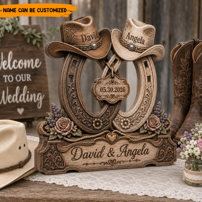 Personalized Western Wedding Horseshoe Wooden Block Sign - Cowboy & Cowgirl Couple Decor
