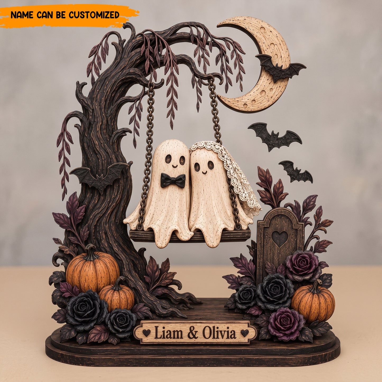 Personalized Halloween Ghost Couple Swing Wooden Block - Custom Name Romantic Halloween Keepsake Gift