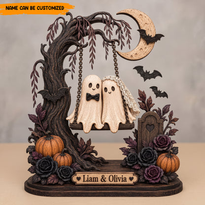 Personalized Halloween Ghost Couple Swing Wooden Block - Custom Name Romantic Halloween Keepsake Gift