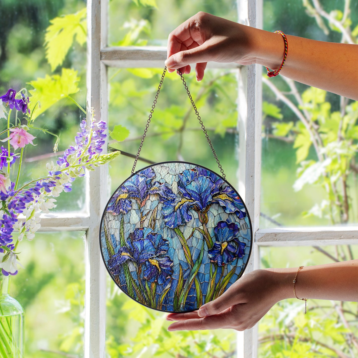 Blue Iris Stained Glass Suncatcher
