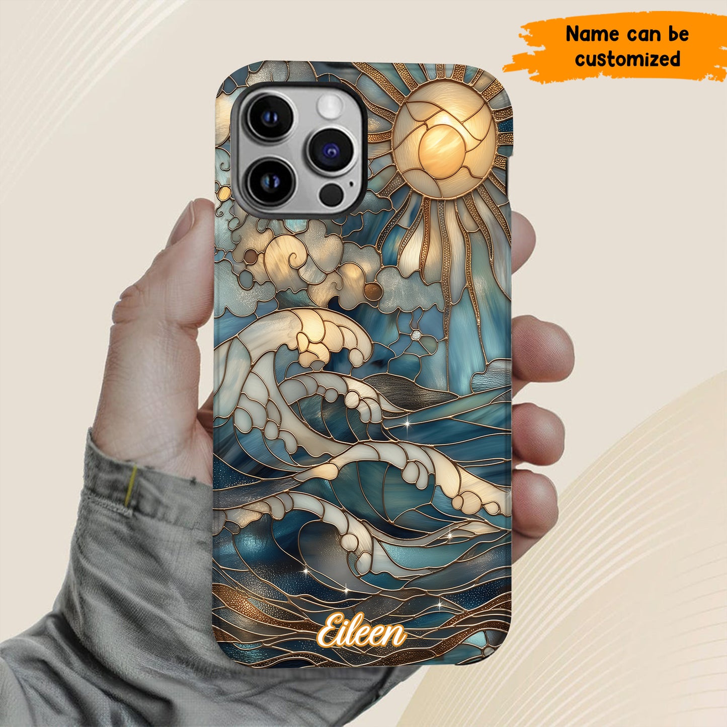 Personalized Ocean Waves & Sun Phone Case – Stained Glass Style