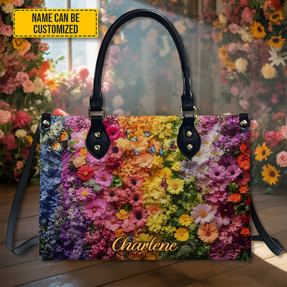 Personalized Rainbow Floral Leather Handbag