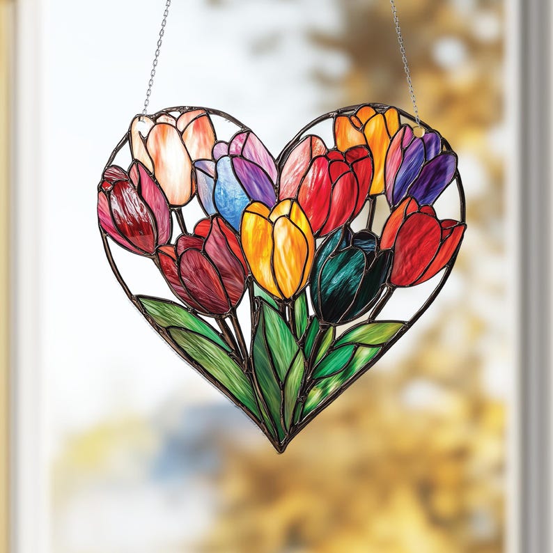 Colorful Tulips Heart Window Hanging Acrylic