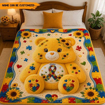 Personalized Autism Sunflower Bear Blanket