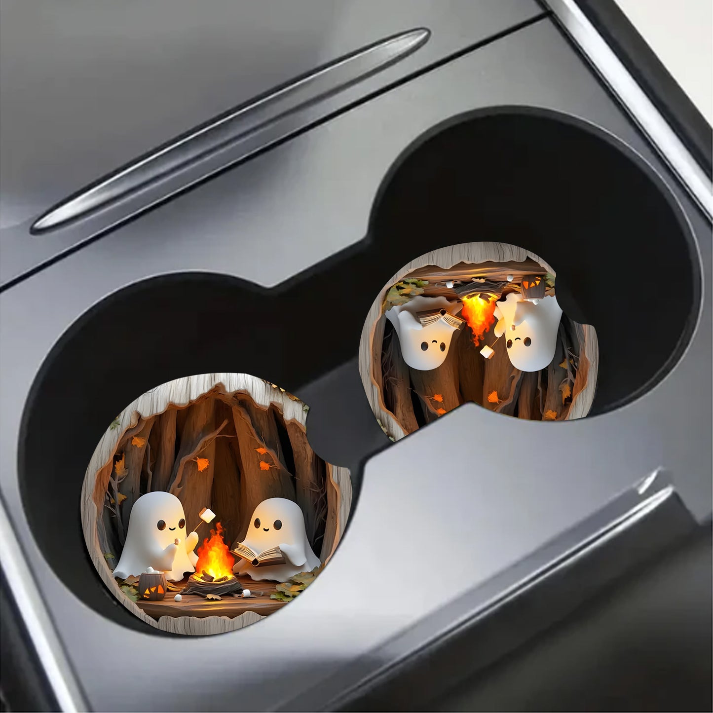 Spooky Ghost Campfire Car Coaster