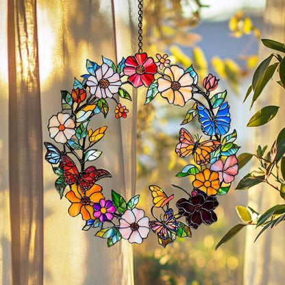 Faux Stained Glass Colorful Flower Window Hanging