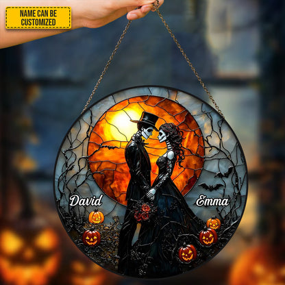 Personalized Gothic Skull Couple Stained Glass Suncatcher