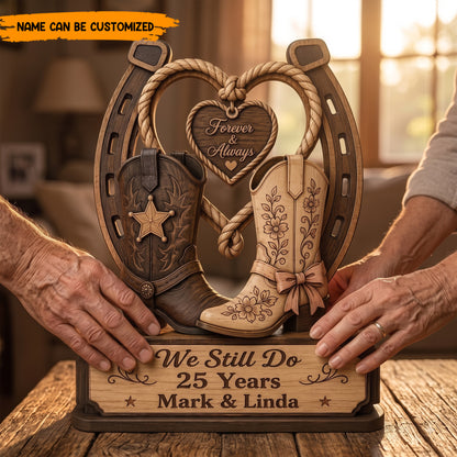 Personalized Western Cowboy Boots & Horseshoe Wooden Block - Forever & Always Anniversary Gift