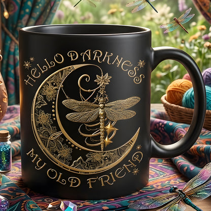 Hippie Dragonfly Crescent Moon Ceramic Black Mug